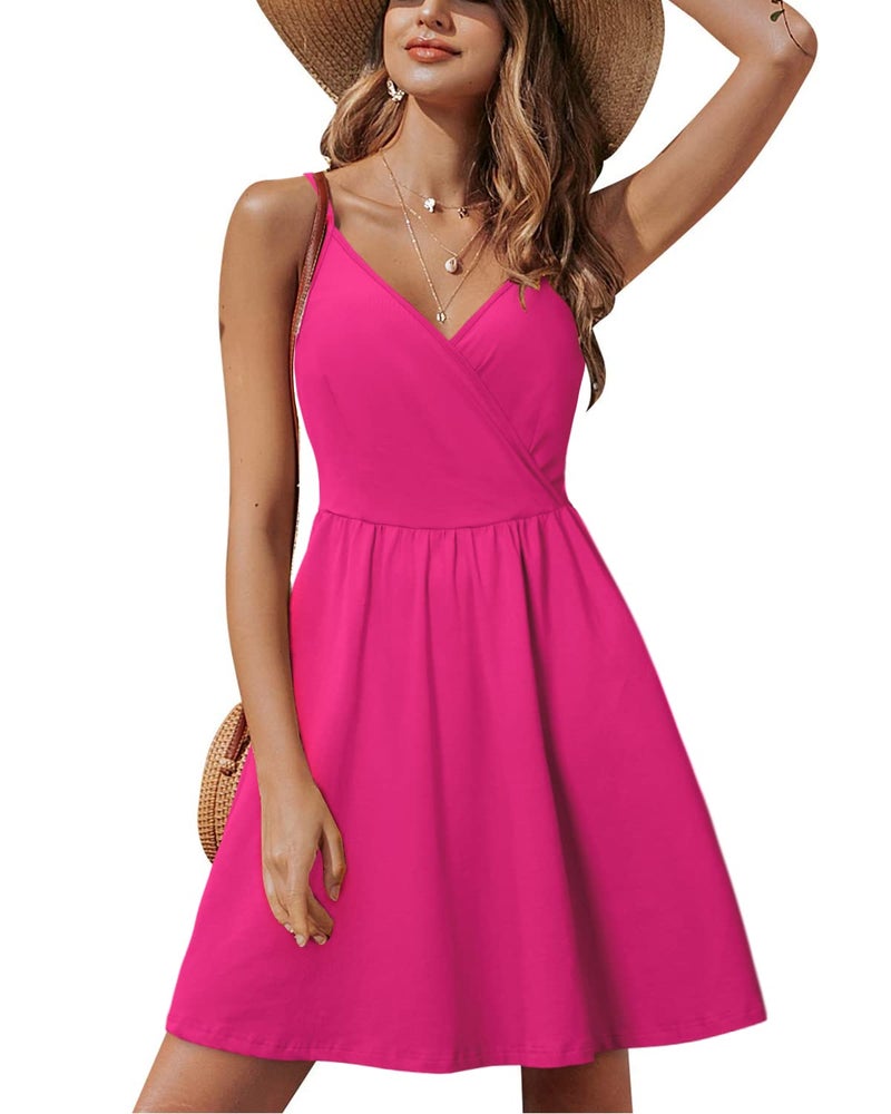 STYLEWORD Women's Summer Sundress Spaghetti Strap V Neck Casual Flowy Sundress with Pocket Cruise Outfits 2026 Hot Pink (Rose-429,XL) - Image 1